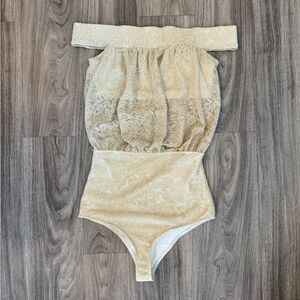 Beach Riot gold off the shoulder sheer lace bodysuit one piece S